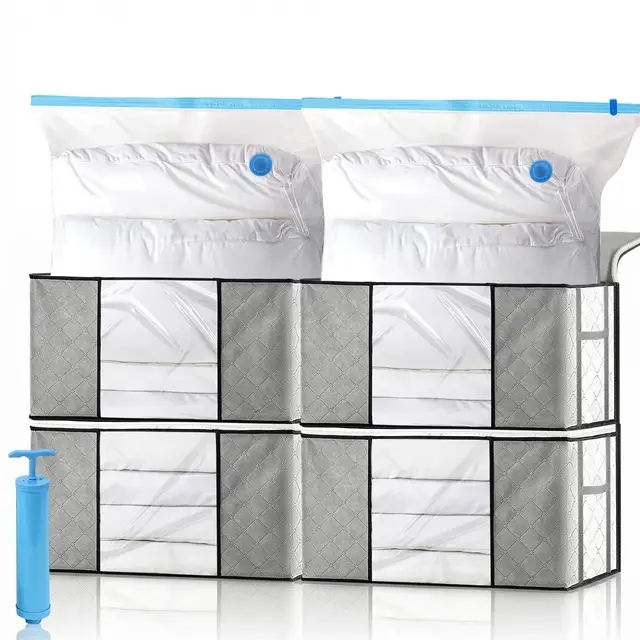 4 Stück 90L Aufbewahrungstasche,4 Vakuumbeutel,1 Handpumpe,Aufbewahrungsbox mit Deckel,mit Verstärkt Griff Umzugskartons mit Fenster Faltbare Aufbewahrung Boxen,für Bettdecken Kleidung Decke