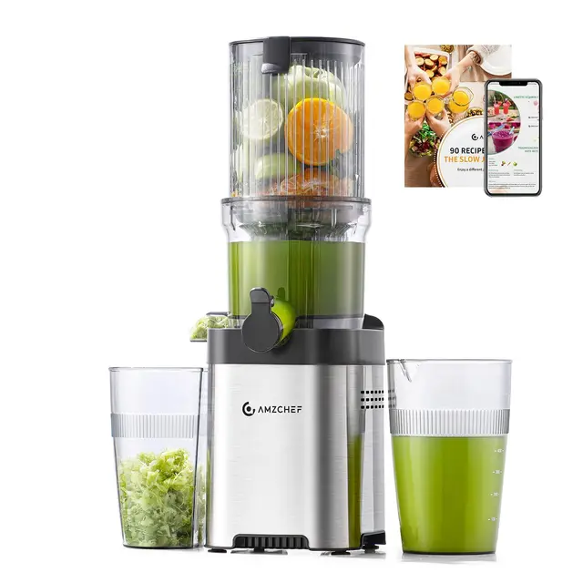 AMZCHEF Entsafter - Slow Juicer mit 120MM Breite und Größere Einfüllschacht für Ganze Gemüse und Obst - Leicht zu Reinigender Entsafter mit 2 Gläsern - Silbrig