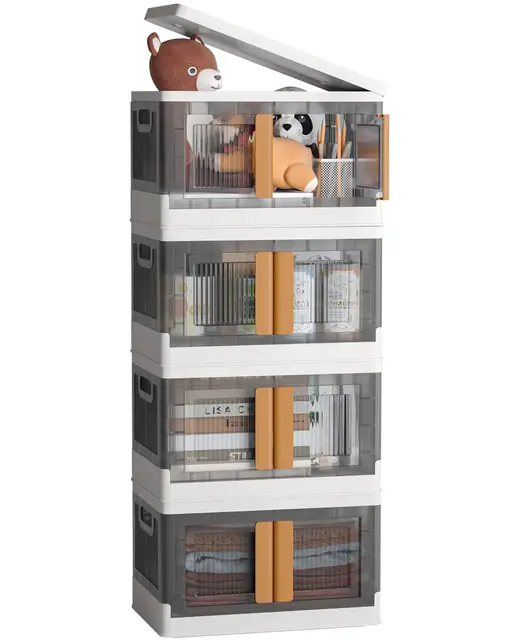 NETEL Aufbewahrungsbox mit Deckel groß, Stapelbare Aufbewahrungsboxen 45L 4 Stück, Dicker Hartplastik Box, Durchsichtig Stapelboxen mit deckel, Faltbare Aufbewahrungsbox mit Tür und Rollen,4 Deckel