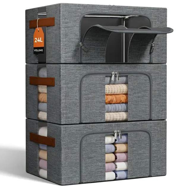 Kleidung Aufbewahrungstasche Faltbar Metallrahmen: Stapelbare Aufbewahrungsbox mit Deckel für Kleiderschrank Organizer Storage Pullover T-Shirts Bettwäsche (Grau 3x24L)