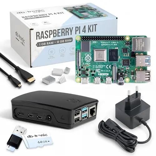 db-tronic Raspberry Pi 4 4GB Starter Set | 64GB Black Edition | Netzteil 15W | Gehäuse schwarz | Kühlkörper Set | 4K Micro HDMI Kabel | Ideal für Smart Home, Retro Gaming & Home Assistant