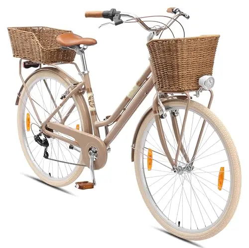 BIKESTAR Alu City Stadt Fahrrad 26, 28 Zoll | 16, 18 Zoll Rahmen, 7 Gang Shimano Damen Holland Rad, Retro Bike mit V-Bremse, Gepäckträger, Licht, Klingel, Korb, Speichenreflektoren | Risikofrei Testen