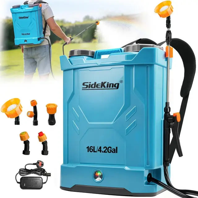SideKing Akku Drucksprüher 16L, Rückenspritze mit starken 8,3 Bar & stufenloser Regelung, Doppel-Lanze, Rückenpolster, Gartenspritze & Unkrautspritze für Rasen, Wege und Pflanzenpflege (inkl. Lader)