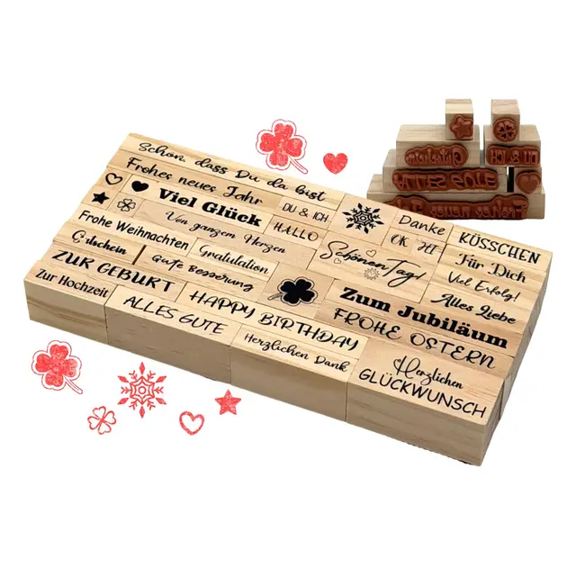 Stempelset 33 Stück Holzstempel mit Sprüchen und Motiven – Stempel Geburtstag, Einladung, Frohe Weihnachten, Happy birthday, Herz Stempel, Kreatives Stempel Set für Karten, DIY Deko