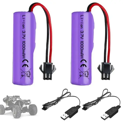 2 Stück 1000mAh 3.7V RC Akku, Wiederaufladbare Lithium-Batterien mit UBS Ladekabel SM-2P Stecker, Universal Li-Ion Battery Compatible Für RC Fahrzeuge, Boote, Panzer, Auto, Roboter, Stunt Car