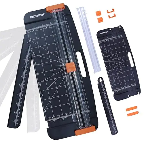 PORTENTUM Papierschneider A4 mit Rillfunktion und abnehmbarem Lineal – Schneidemaschine Papier mit verstellbarem Anschlag und Diagonalschnitt – Papierschneidemaschine für Basteln und Büro – 12 Blatt