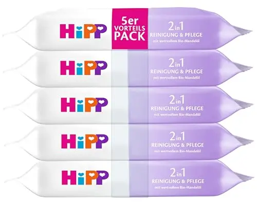 HiPP 2in1 Reinigung & Pflege Feuchttücher, 720 Stück (3 x 240), mit Bio-Mandelöl, ohne Alkohol (0%), besonders hautverträglich ab dem 1. Lebenstag, ideal für senslible Babyhaut