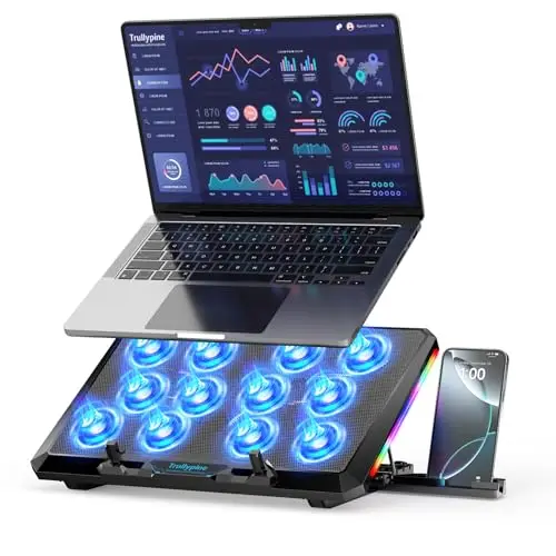 Laptop Kühlpad für 12-17,3 Zoll, leistungsstarke 12 leise Lüfter, schnelle Kühlung, ergonomischer Notebook Cooler Ständer, 5 höhenverstellbar, 2 USB-Anschlüsse, Telefonhalter (Getriebe)