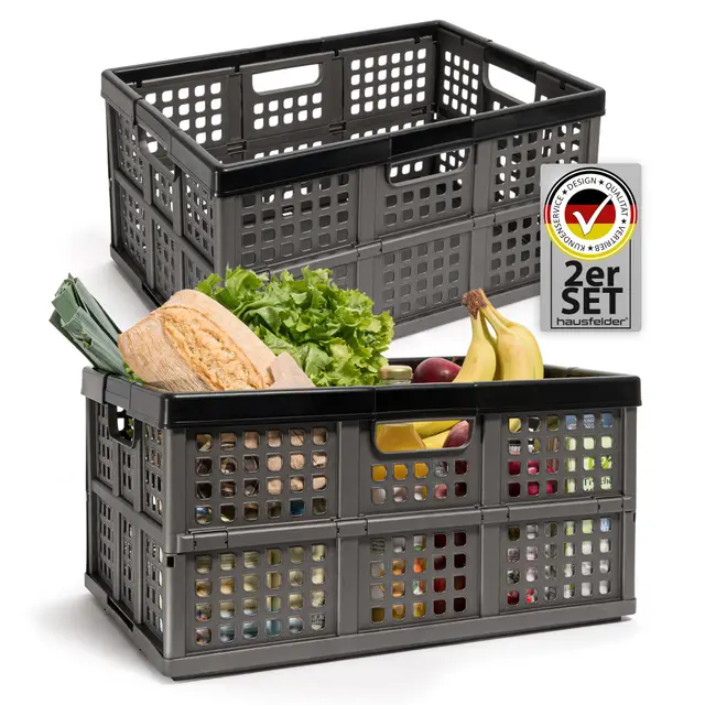 Hausfelder Klappboxen faltbar stabil, 45 l 2er Set – Klappkiste & Klappkorb für Auto, Einkauf und Haushalt