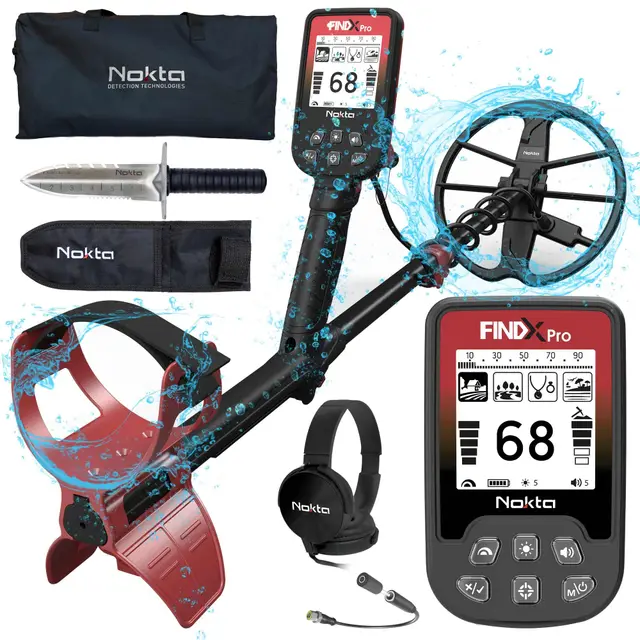 Nokta FINDX PRO Metalldetektor Profi, Vollständig wasserdichte Metalldetektor mit 28cm Suchspule, Metalldetektoren für Gold, Pinpoint, USB wiederaufladbar, 4 Modi (Kopfhörern, Grabungswerkzeug)