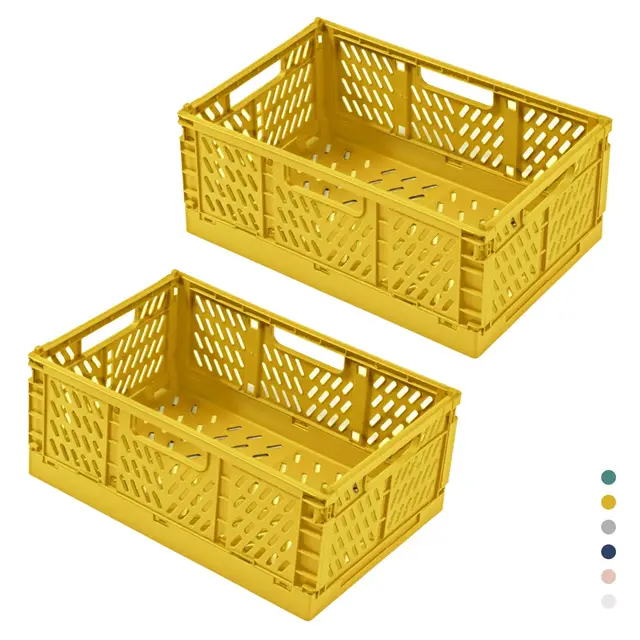2 Stück Faltbare Kunststoff Aufbewahrungsbox, Einkaufskiste Klappbar, Stabil Klappboxen Faltbar für Küche, Büro, Schlafzimmer, Schrank, Schublade (Gelb, 30.5*20*12.5)