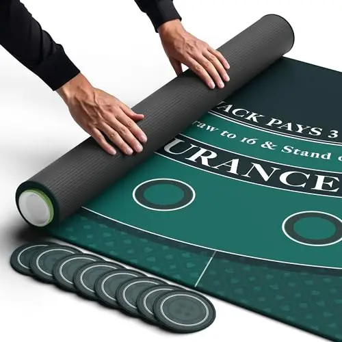 Newverest Blackjack Tischmatte 180 x 90 cm – Casino Tischauflage für Spielabende zu Hause mit Freunden | Poker- & Blackjack- Matte mit Reißverschlusstasche, 8 Untersetzer & Geschenkbox