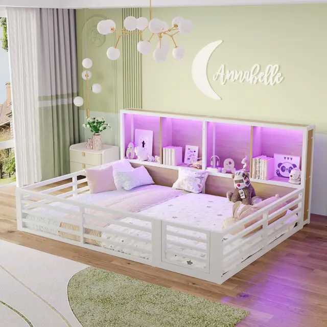Kinderbett Bodenbett 140x200, Montessori Bett mit Rausfallschutz&Lattenrost, Hausbett mit 4 Staufächer&LED-Beleuchtung&Tür, Gitterbett Doppelbett Metallbett Bettgestell Spielbett, Ohne Matratze, Weiß
