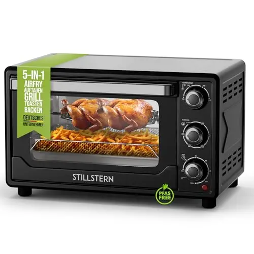 Stillstern Minibackofen mit Umluft 25L (DE Version) Pizza Ø25, CYCLONE PRO+ Antihaftbeschichtung, Auftauen, 2h Timer, Camping Mini Backofen Umluft Pizzaofen Mini Ofen klein Hähnchengrill mit Drehspieß