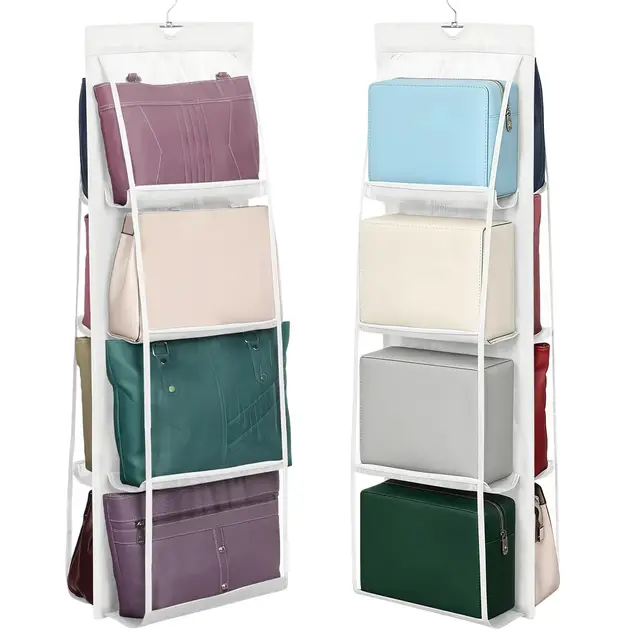 2 Stück Handtaschen Aufbewahrung, Faltbares Taschenaufbewahrung, Hängend Hängeorganizer mit 8 Fächern, Weißes Taschen Organizer Schrank, für Taschen, Schals und Hüte