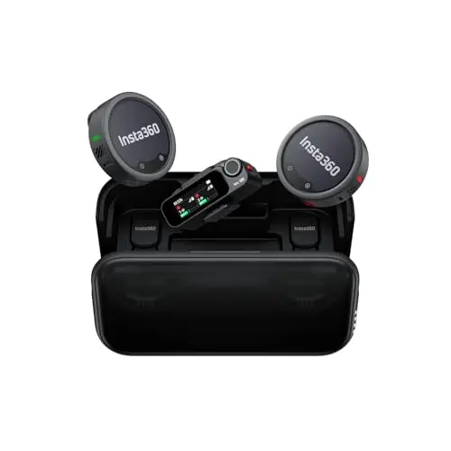 Insta360 Mic Pro (2 TX + 1 RX + Ladecase), kabelloses Mini-Lavalier-Mikrofon für iPhone/Kamera/Android, Videoaufnahme, Vlogging, Bluetooth, anpassbares E-Ink-Display, 3-Mikrofon-Array, 30 h Laufzeit