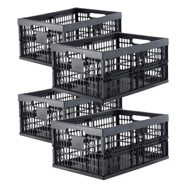 Grizzly Klappbox 4 er Set - faltbar aus Kunststoff - Einkaufskiste klappbar und stapelbar 32L schwarz