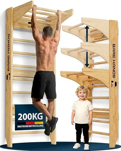 Bare Hands Sprossenwand für Erwachsene & Kinder bis 200 kg – Hochwertige Kletterwand für Zuhause & Kinderzimmer – Mit oder ohne Klimmzugstange und Dipstange erhältlich