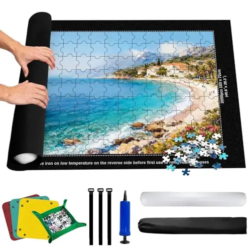 Puzzle-Unterlage für bis zu 2000 Teile | Große Aufbewahrungsmatte inkl. 4 Sortierschalen, Tragetasche & Luftröhre | 80x120 cm Nicht-rutschende Puzzlematte für Einfache Lagerung & Transport