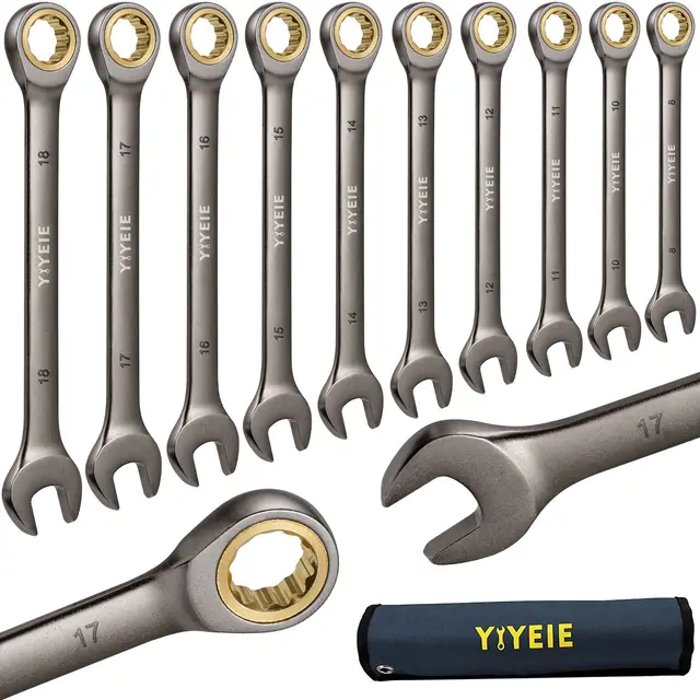 YIYEIE 10-tlg. Ratschenringschlüssel-Set 8-18 mm, 72-Zahn CrV Vernickelt, 12-kant Ringmaulschlüssel in Rolltasche – Maul-Ring-Kombischlüssel für 95% Auto & Bike Bolzen