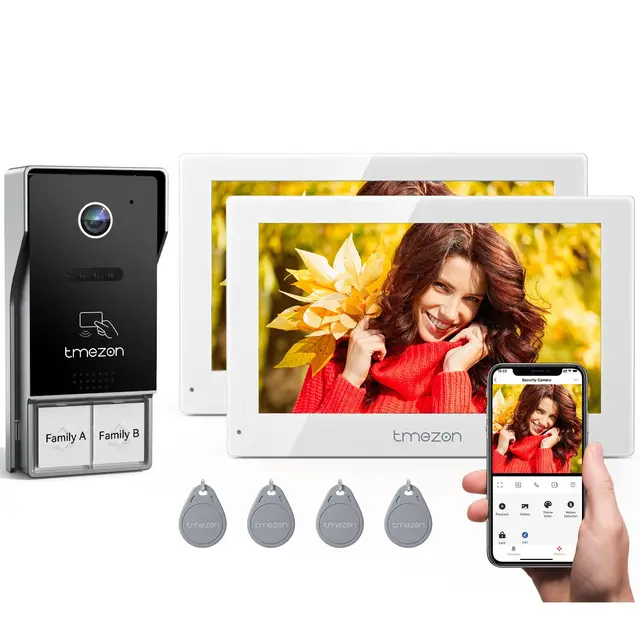 TMEZON WLAN Video Türsprechanlage 2-familienhaus,1080P HD Türklingel mit Kamera,7-Zoll-Farb-Touchscreen,Nachtsichtgerät,Zwei-Wege-Audio,Bewegungsmeldung,App & Sweep-Karte entsperren