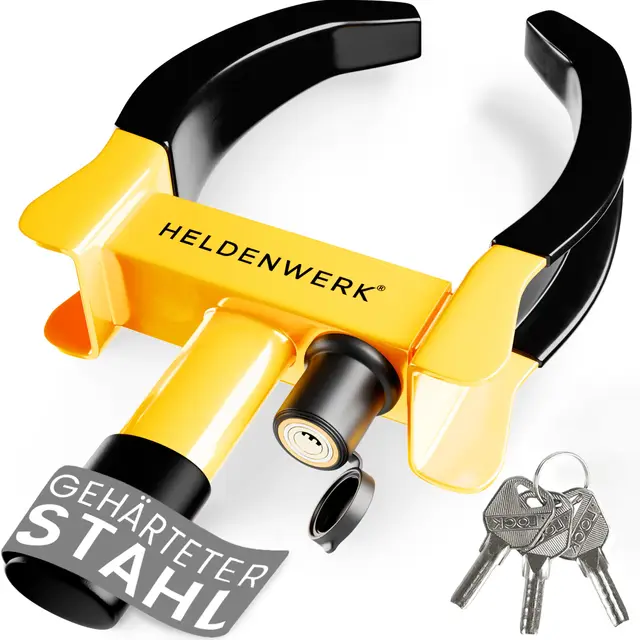HELDENWERK® Parkkralle Radkralle mit Hochsicherheitsschloss & 3 Schlüsseln - für Anhänger, Wohnmobil, Wohnwagen, Auto - PKW Reifenkralle, Autokralle, Rad-Kralle für 18-30cm Reifenbreite (Schwarz/Gelb)