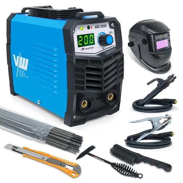VECTOR WELDING MMA ElektrodenSchweißgerät 200A Set, IGBT-Technologie ARC (E-Hand) Flexibel Einsetzbar Ohne Gas, ARC-Force, Überhitzungsschutz, Anti-Stick Leicht und Tragbar