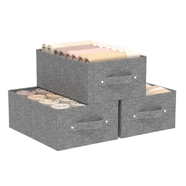 3 Stück Klappbox mit Griffen für Regale, Faltbare Stoff Aufbewahrungsbox aus Leinen, Aufbewahrungskörbe mit Griffen für Schrank, offene Stoffbehälter, 33×23×14 cm, Grau
