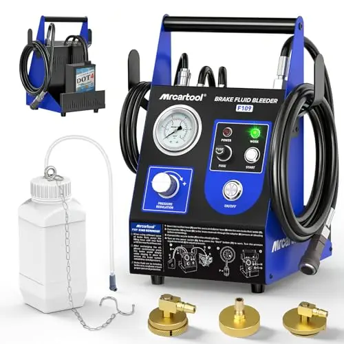 MRCARTOOL F109 KFZ Bremsenentlüftungsgerät 220V Auto Pulsierendes Automatisch Bremsenentlüftungsset Bremsflüssigkeitswechselgerät mit 3 Hauptbremszylinderadapter, 0.5~2.5Bar Einstellbarer Druck