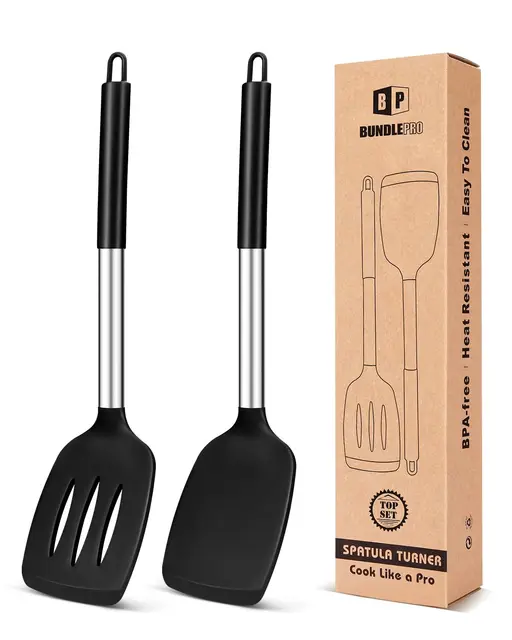 Pfannenwender aus Silikon, robust, antihaftbeschichtet, geschlitzt, hitzebeständig, BPA-frei, ideales Kochgeschirr für Fisch, Eier, Pfannkuchen, schwarz, 2 Stück