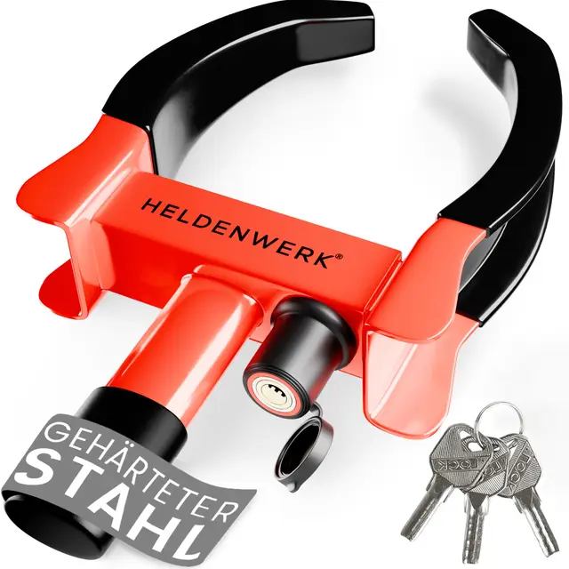 HELDENWERK® Parkkralle Radkralle mit Hochsicherheitsschloss & 3 Schlüsseln - für Anhänger, Wohnmobil, Wohnwagen, Auto - PKW Reifenkralle, Autokralle, Rad-Kralle für 18-30cm Reifenbreite (Schwarz/Rot)