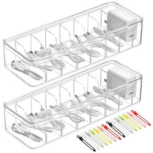 2 Stück Kabel Organizer Box, Kabel Aufbewahrungsbox mit Deckel, Kabelorganizer Box mit 8 Fächer und 24 Kabelbindern, Ladekabel Organizer für Kabelaufbewahrung,Cable Management für Schreibtisch