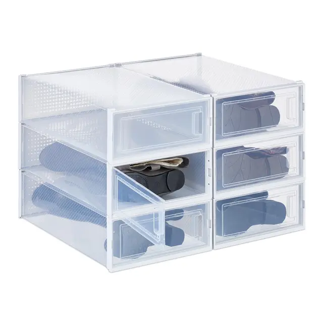 Relaxdays Schuhboxen 6er Set, für Stiefel, Stiefelbox, stapelbar, bis Gr. 44,5, Lüftungsschlitze, faltbar, transparent