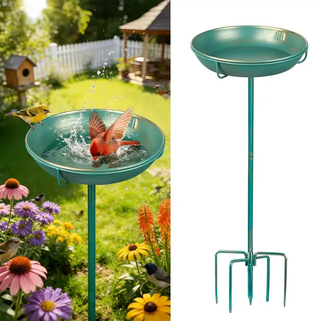 Mellbree Vogeltränke Stehend, Großes Vogelbad mit Sitzstange, Multifunktional für Garten, Metall Vogeltränke in Seeblau mit Goldverzierung – lockt zahlreiche Vogelarten an. (25cm)