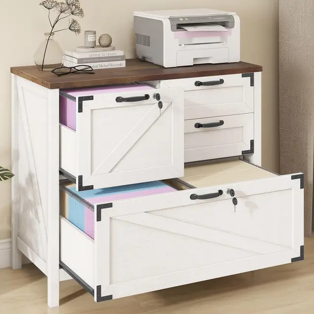 BonVache Aktenschrank abschließbar mit 4 Schubladen, Landhausstil Schubladenschrank aus Holz, Weißer Büroschrank für Homeoffice, Schrank mit Druckerablage, geeignet für A4/Letter Hängeregister