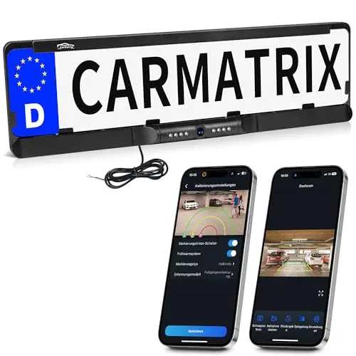 WLAN Funk Rückfahrkamera im Kennzeichenhalter für Smartphone | HD Rückfahrsystem mit App-Steuerung für iOS & Android, KI Personen- & Fahrzeugerkennung, IR Nachtsicht, Foto & Video