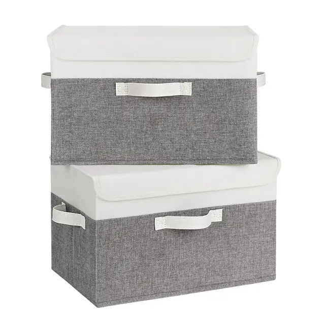 GRANNY SAYS Aufbewahrungsboxen mit Deckel, 2 Stück Kisten Aufbewahrung, Faltbare Aufbewahrungsbox mit Deckel Stoff, Aufbewahrungskörbe für Kleidung, weiß-grau Faltboxen mit Deckel für Kleiderschrank