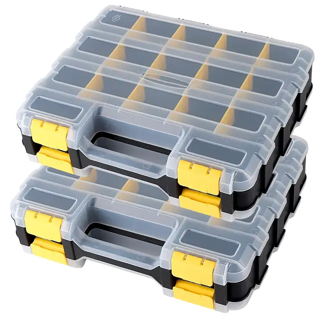 2 x Doppelseitige Hardware-Werkzeugkästen, Schraubensortierbox mit 34 Fächern, Kleinteile-Organizer mit Tragegriff und herausnehmbaren Trennwänden,Leere Aufbewahrungsbox für Werkzeuge,Schrauben