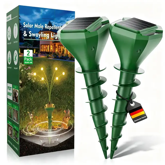 Maulwurf Vertreiber, Solar Maulwurfschreck 2er Pack mit LED-Licht, Ultraschall & Vibration zur Effektiven gegen Maulwürfen und Wühlmäusen, IP65 Wasserdicht und 3 Modi, für Garten und Rasen