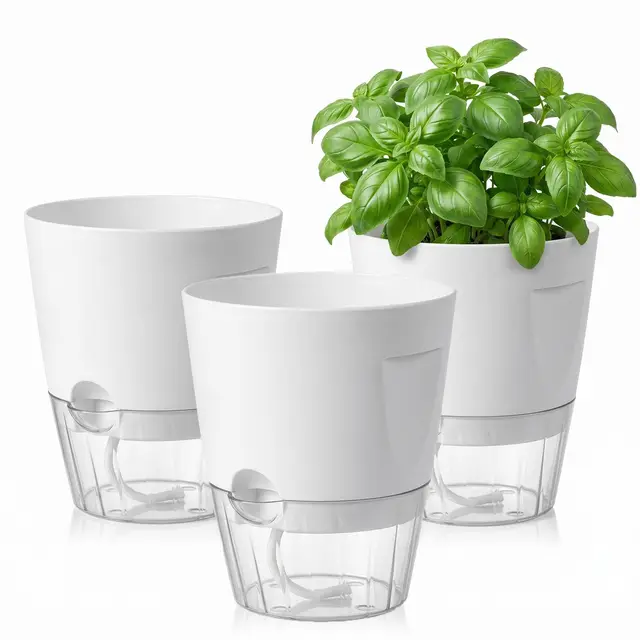 Kräutertopf Selbstbewässernd 3er Set Weiß | seitliche Einfüllöffnung Wasserstandsanzeige Griffmulden 17 x 10 x 15 cm für Küche und Fensterbank