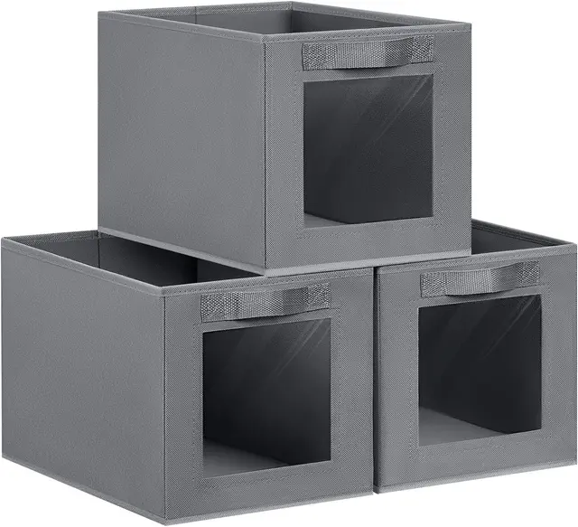 DIMJ 3 Stück Aufbewahrungsboxen, Faltbox mit Transparentem Sichtfenster, Faltbare Aufbewahrungskiste mit Griff, Ordnungsboxen Kleiderschrank Organizer für Kleidung, Bücher, Spielzeug (Grau)