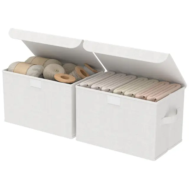 Aufbewahrungsbox mit Deckel, Faltbare Kisten Aufbewahrung, Kleiderschrank Organizer mit 2 Stoffgriffen, für Schlafzimmer, Kleideraufbewahrung, 2 Stück, Weiß, 26 x 20 x 17 cm, XSNY12WS-2