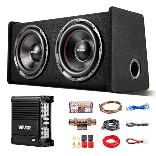 VEVOR Auto Subwoofer Set mit Bestücktem Gehäuse 305 mm, Dual-Subwoofer- und Verstärkerpaket 490 W RMS, mit Separatem Verstärker & Verkabelungssatz, Leistungsstarkes Car Audio Soundsystem für PKW & SUV