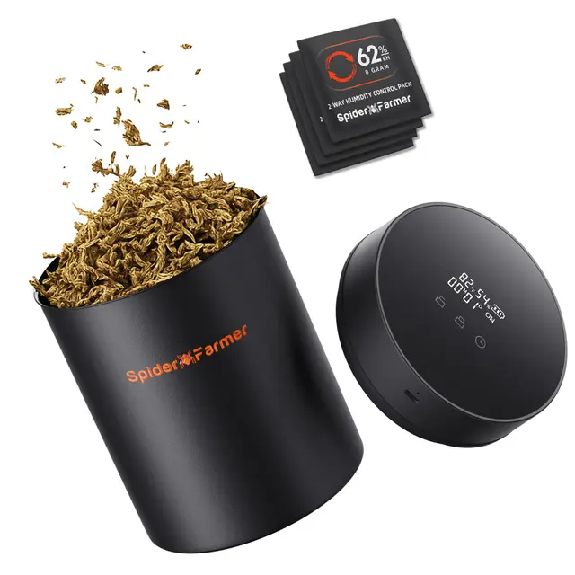 Spider Farmer Auto-Cure Smart Jar, 2L Tragbarer Vakuumversiegelungsbehälter mit 4 x 62% Luftfeuchtigkeitspackungen, Aushärtungsglas Luftdichte Aufbewahrung für Kräuter, Pilze, Kaffee, Gewürze, Blumen