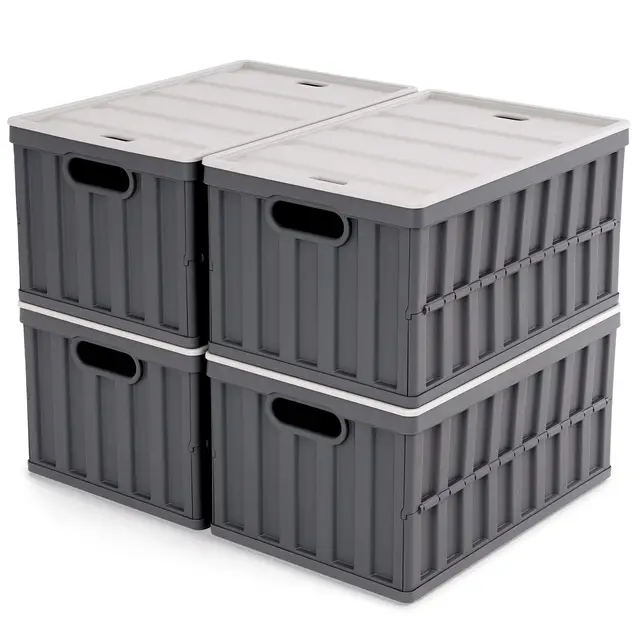 4er Set 64L klappbox Faltbar Stabil Plastik Faltbox, Campingbox Collapsible Transportbox für die Organisation große Heavy Outdoor, Bad, Küche, Büro, Wohnzimmer (Grau)