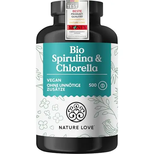 NATURE LOVE® Bio Spirulina + Bio Chlorella - je 3000mg Spirulina & Chlorella pro Tagesdosis - 500 Tabletten - Ohne Zusätze und Bio zertifiziert - Hochdosiert, laborgeprüft und vegan