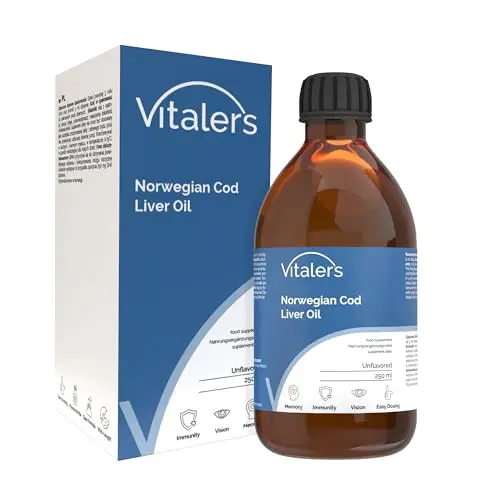 Vitaler’s Omega-3 Lebertran, norwegisches Fischöl 1250 mg, EPA, DHA, Vitamine D und E, Geschmacksneutral, 250 ml
