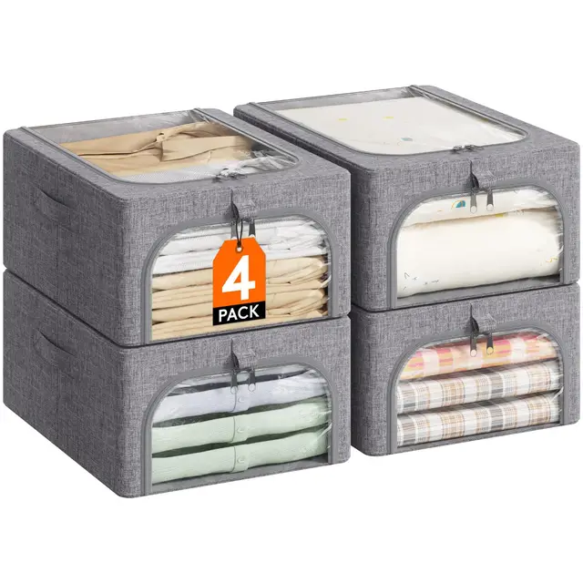 Lifewit 4 Stück Kleideraufbewahrungsbehälter mit Metallrahmen, Faltbare Aufbewahrungsbox mit Deckel, 25L Stapelbare Aufbewahrungsbeutel Stoffbehälter Organizer mit Klarsichtfenster, Robuste Griffe