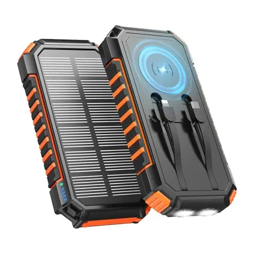 20000mah Wireless Solar Power Bank - A ADDTOP 22.5W Schnelles Tragbares Ladegerät mit 2 eingebauten Kabel&2 Taschenlampen, Externer Akku mit USB-C LED-Taschenlampen für Handys, Tablets und Camping