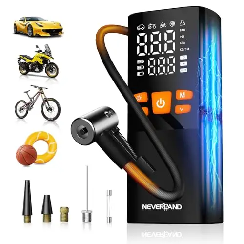 NEVERLAND Elektrische Luftpumpe Akku Kompressor, 10,3Bar/150 PSI, 16000mAh, tragbare Fahrradpumpe mit Auto-Stopp, Manometer, LED-Licht & Powerbank, für Auto, Motorrad, Fahrrad und Bälle